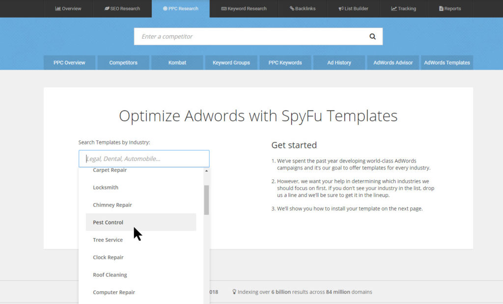 drop down menu options for AdWords templates